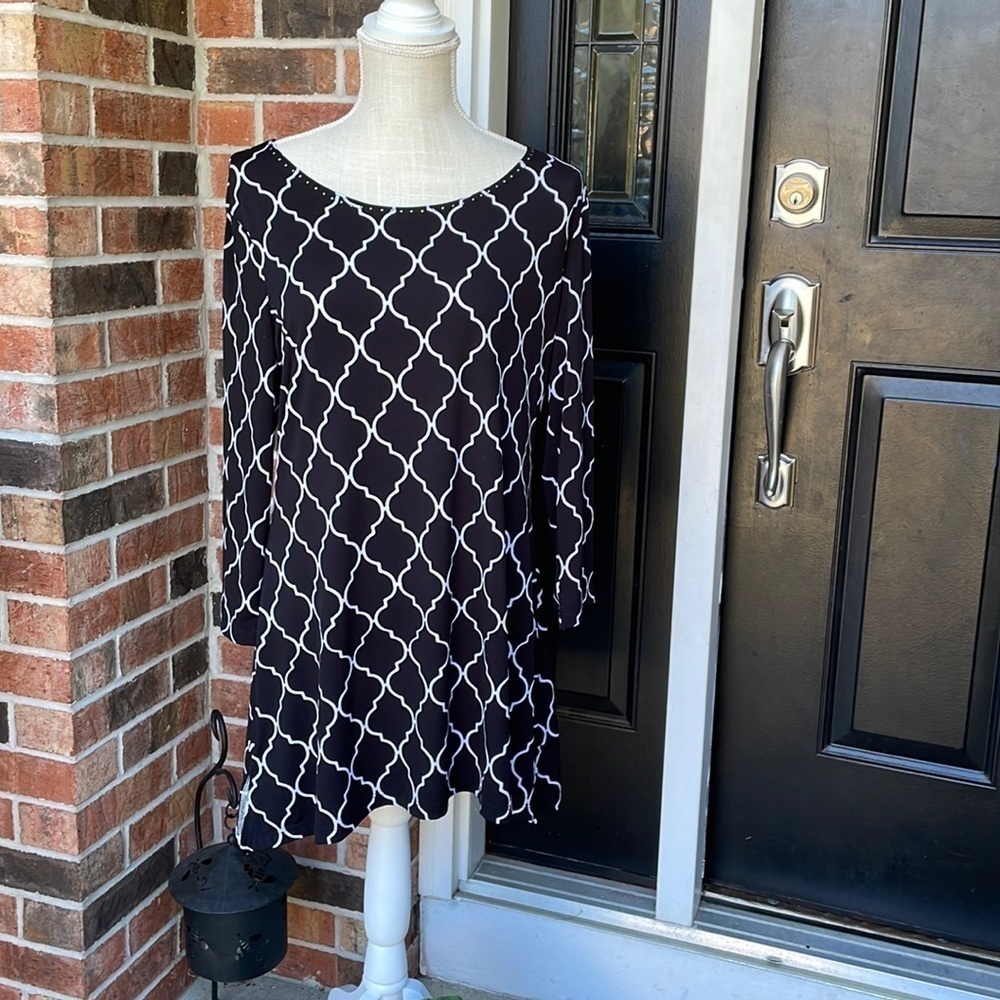 Multiples Retro Black and White Print Dress‎ Sz Medium